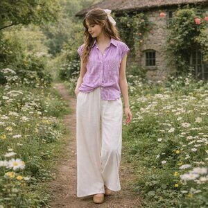 Lomon Purple White Gingham Button Front Top Women’s M Cotton Sleeveless